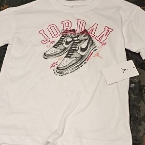 Air Jordan White and Black Sneaker Graphic Tee Nwt Girls Medium